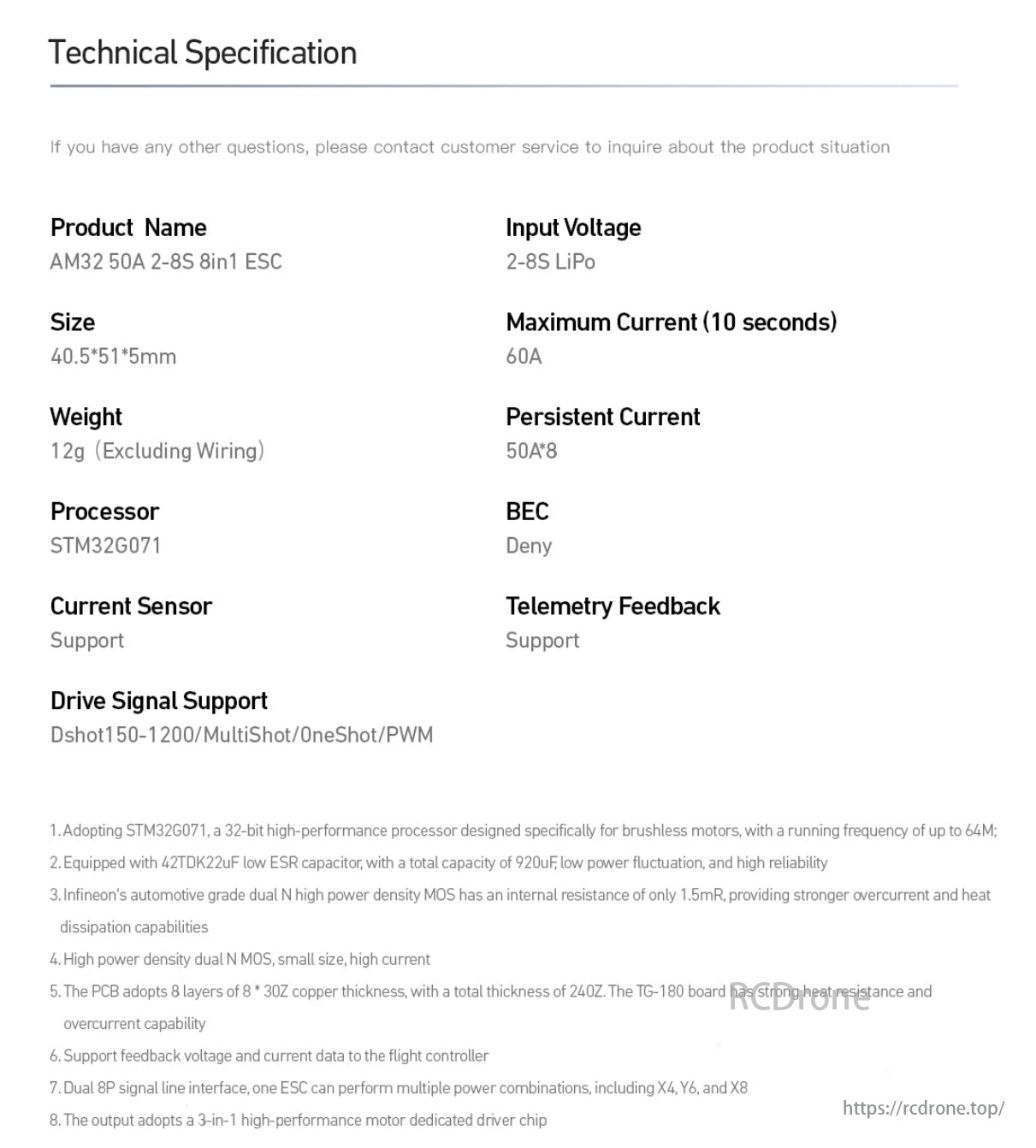 MAD AM32 50A 2-8S 8-in-1 Drone ESC, AM32 50A 2-8S 8in1 ESC specs: 2-8S LiPo, 40.5*51*5mm, 12g, max 60A, STM32G071, Dshot150-1200/MultiShot/OneShot/PWM, telemetry, high-performance.