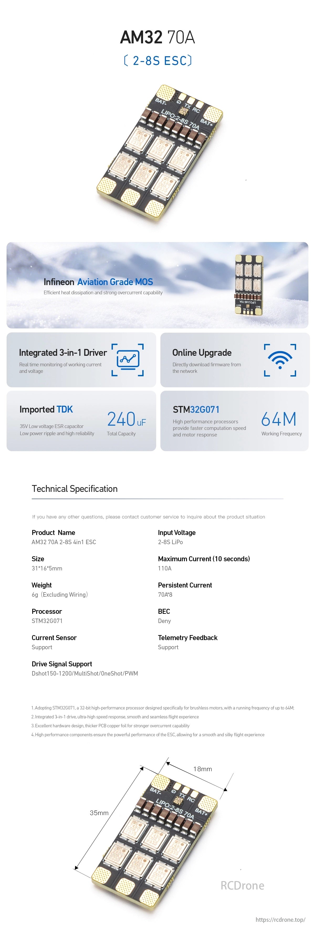 MAD AM32 70A 2-8S Drone ESC, AM32 70A ESC offers Infineon MOS, 3-in-1 driver, STM32G071, real-time monitoring, high performance, various drive signals; 35x16.5mm, 6g, 110A max, 70A persistent.