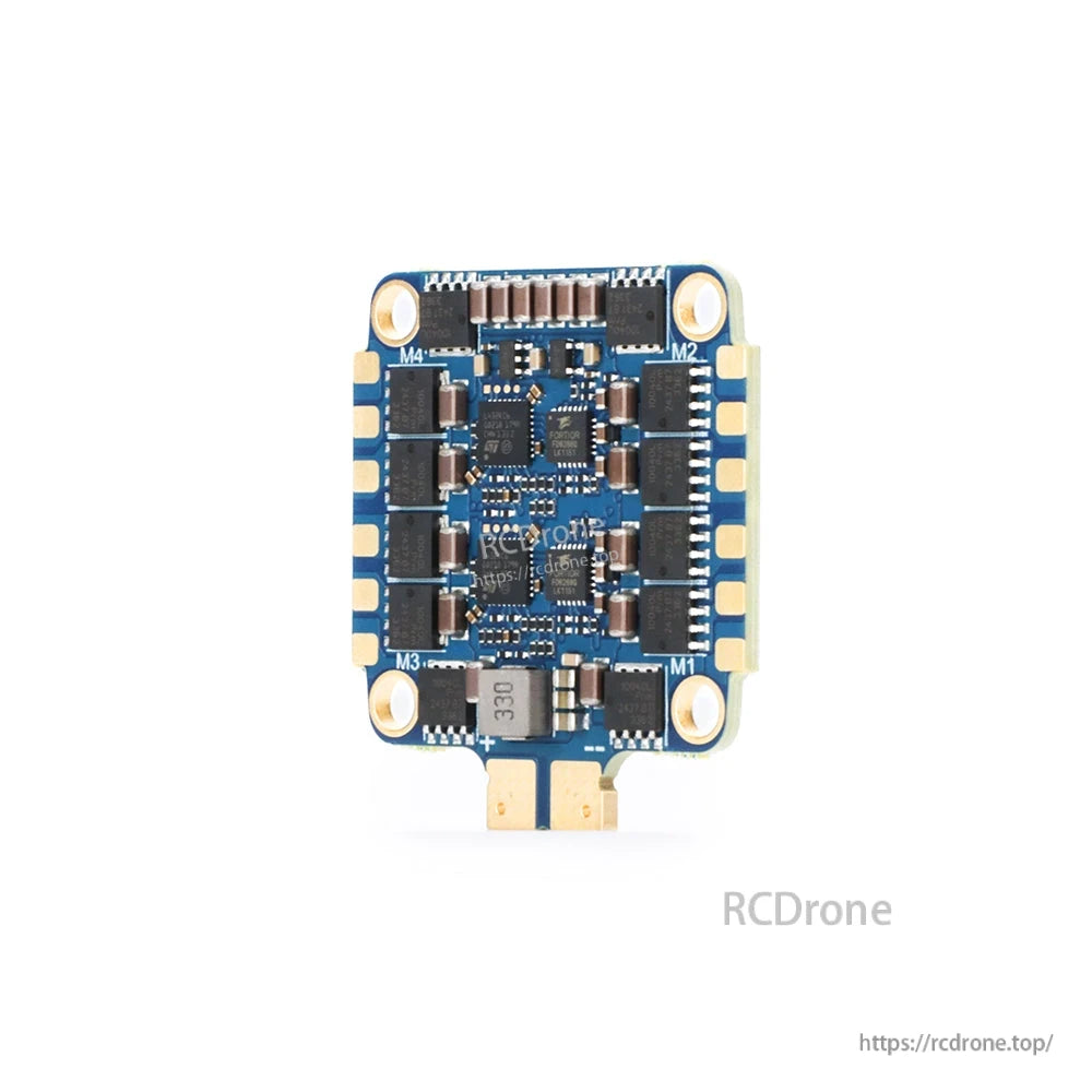 MAD AM32 70A 3-12S 4in1 ESC, MAD AM32 70A 3–12S 4-in-1 ESC board with M1–M4 motor pads, MOSFET layout, and battery solder pads