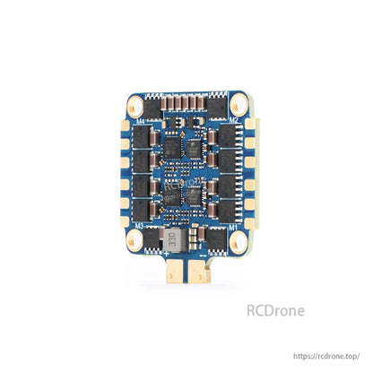 MAD AM32 70A 3-12S 4in1 ESC, MAD AM32 70A 3–12S 4-in-1 ESC board with M1–M4 motor pads, MOSFET layout, and battery solder pads