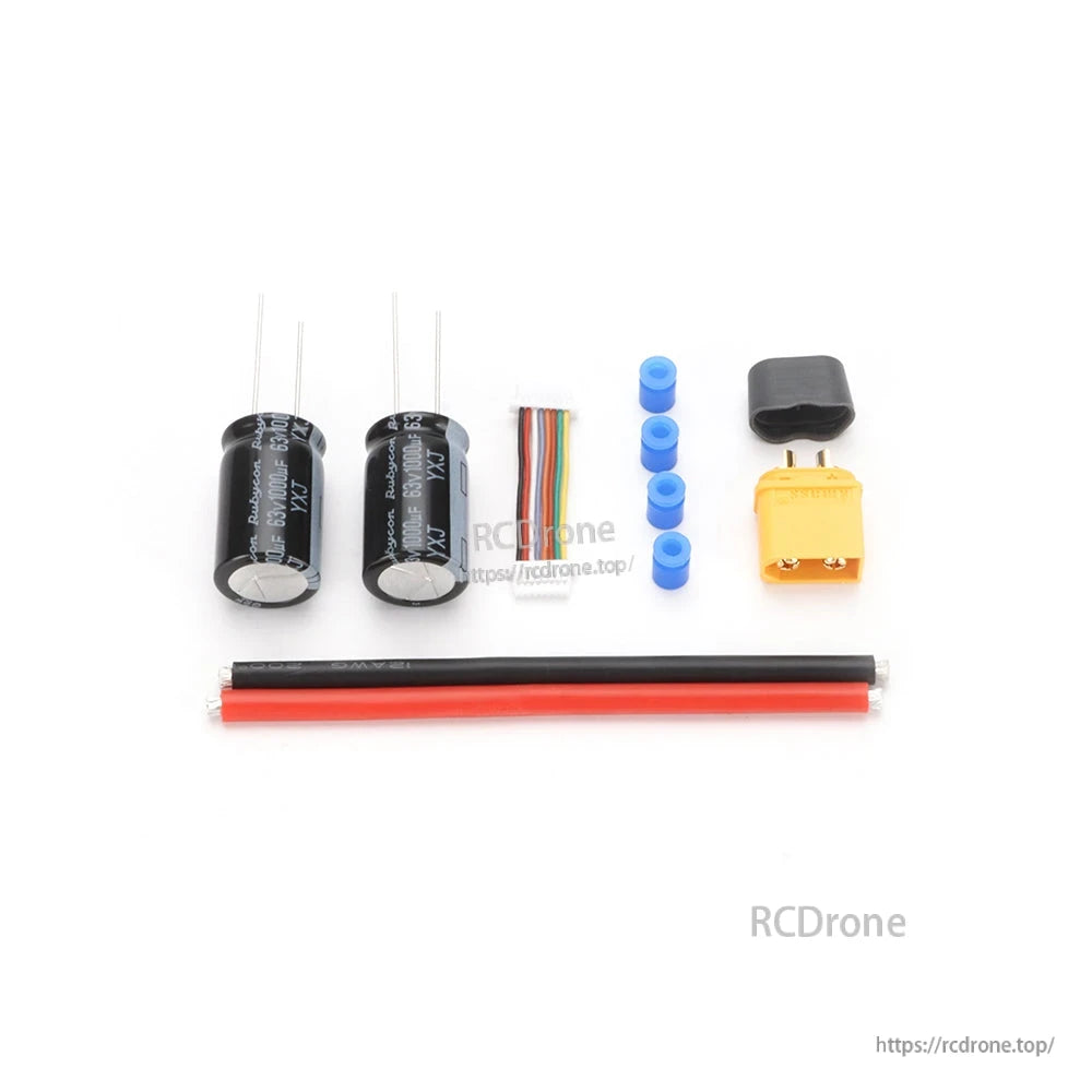 MAD AM32 70A 3-12S 4in1 ESC, Accessory kit with two electrolytic capacitors, XT60 battery connector, wiring lead, blue standoffs and heatshrink