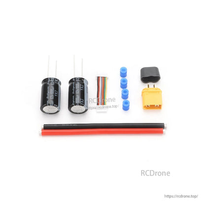 MAD AM32 70A 3-12S 4in1 ESC, Accessory kit with two electrolytic capacitors, XT60 battery connector, wiring lead, blue standoffs and heatshrink