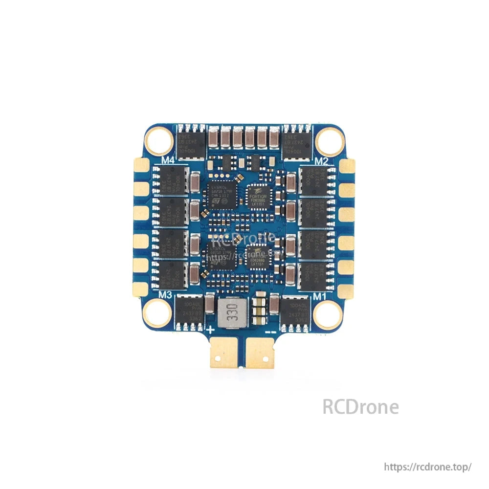MAD AM32 70A 3-12S 4in1 ESC, MAD AM32 4-in-1 drone ESC board with M1–M4 motor pads and +/– battery terminals on a blue PCB