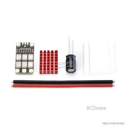 MAD AM32 70A 3-8S ESC, MAD AM32 70A 3–8S drone ESC board kit with solder pads, red heatsink, capacitor, heatshrink tubes, and power wires