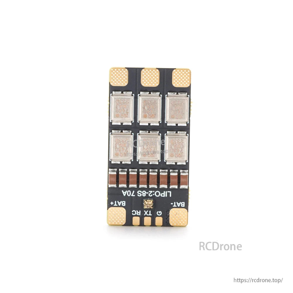 MAD AM32 70A 3-8S ESC, MAD AM32 70A ESC board for 2–8S LiPo with MOSFET array and labeled BAT+/BAT- and TX pads