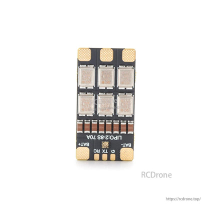MAD AM32 70A 3-8S ESC, MAD AM32 70A ESC board for 2–8S LiPo with MOSFET array and labeled BAT+/BAT- and TX pads