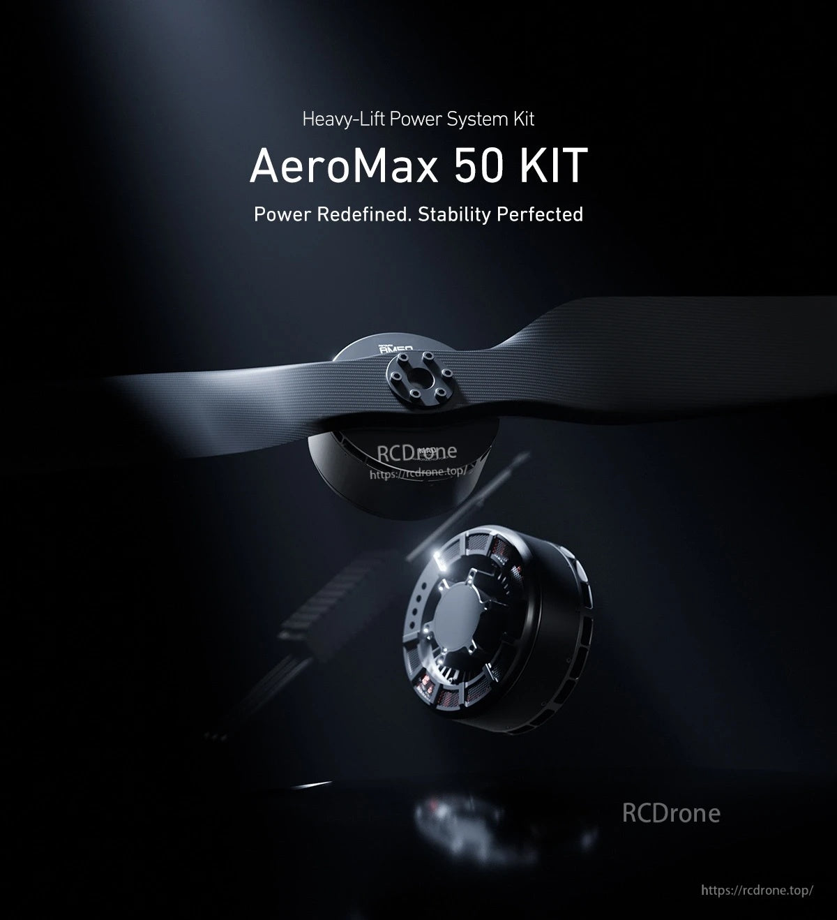 AeroMax 50 heavy-lift power system kit with large drone propeller and brushless motor on dark background