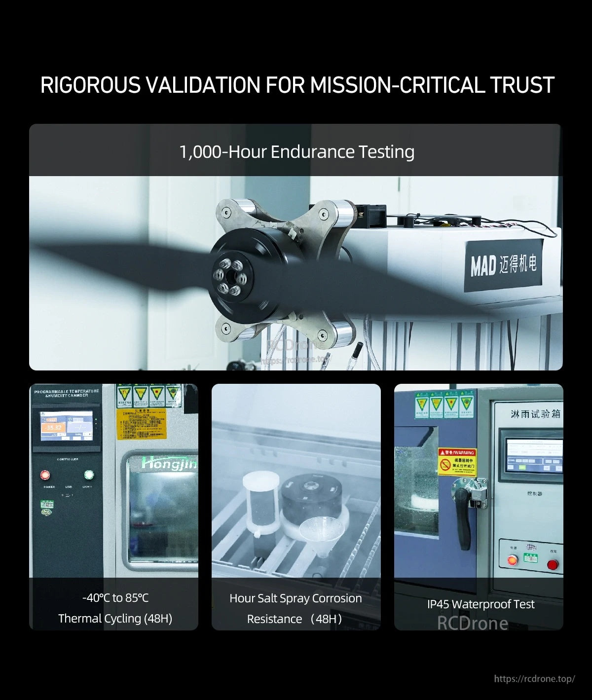 MAD AM50 motor and prop on endurance test rig with 1,000-hour testing, thermal cycling, salt spray, and IP45 waterproof test