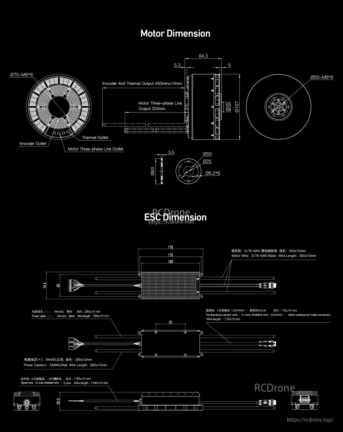 Dimension drawing for MAD AM50 motor and AMPX FOC ESC, showing mounting layout, outlets, and overall sizes