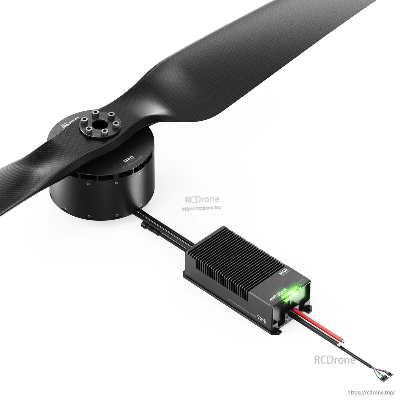 MAD AM60 brushless motor with large propeller and finned SineSic 80A Pro ESC wired inline