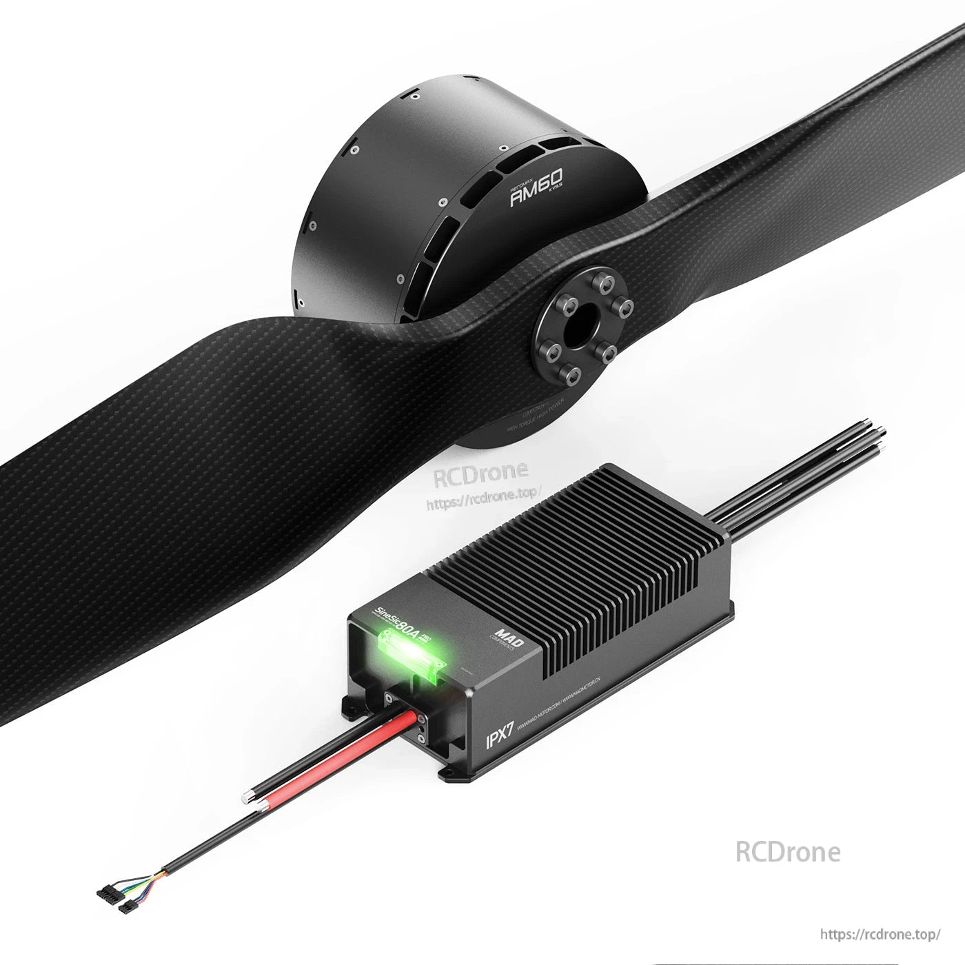 MAD AM60 motor with carbon propeller and finned ESC featuring IPX7 label, with power leads and signal cable