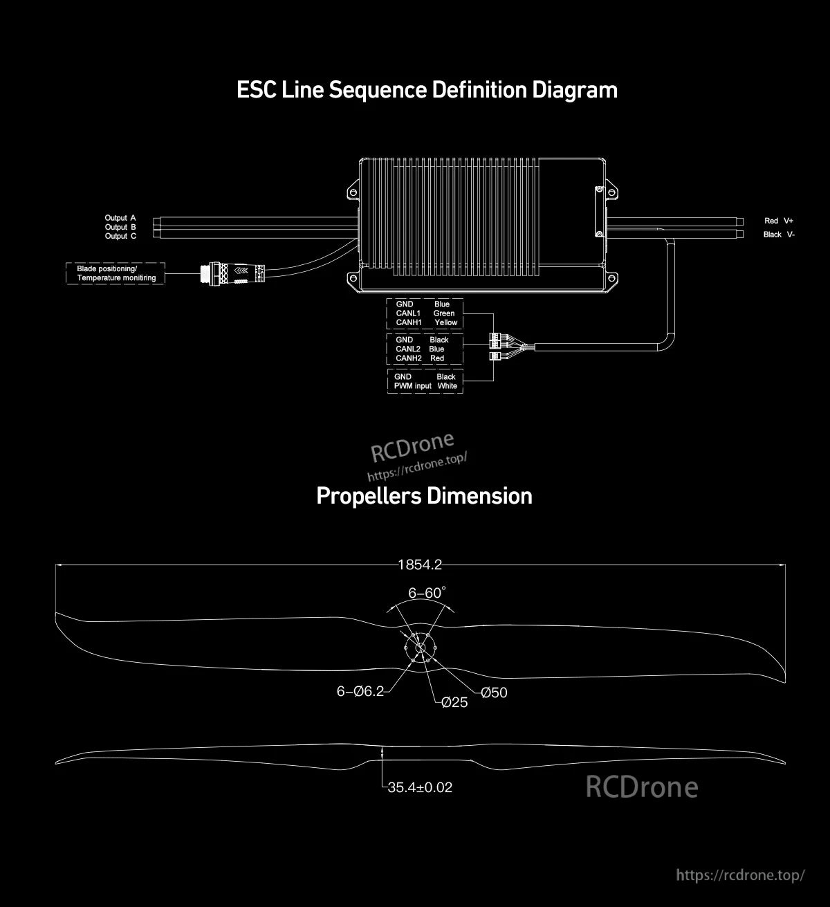 MAD AM60 7.5KV Power System Kit | AM60 Motor, ESC line sequence wiring diagram and propeller dimension drawing for an RC drone power system setup