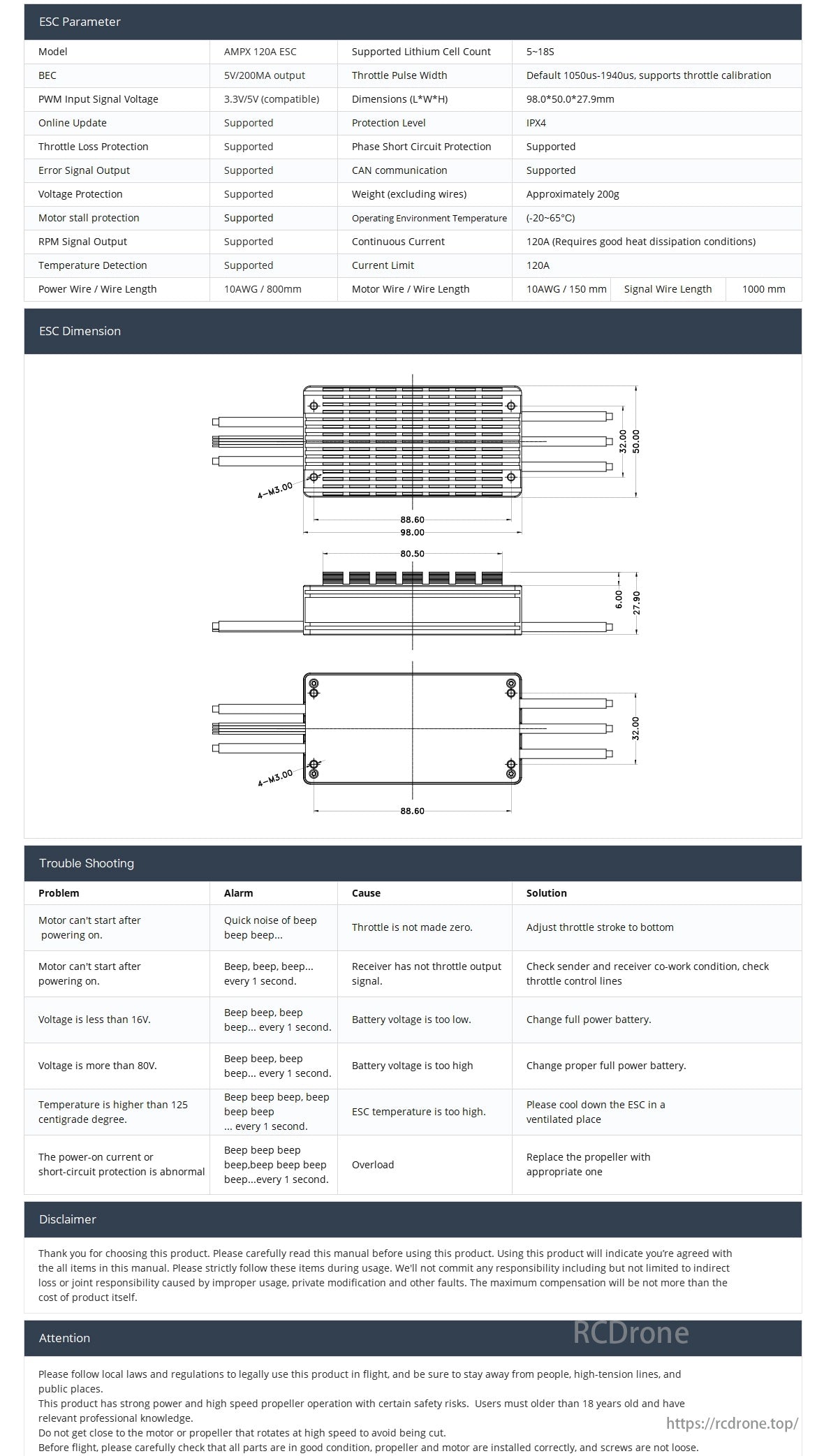 MAD AMPX 120A V2.0 Drone ESC, AMPX 120A ESC features 5-18S LiPo support, 120A continuous current, protections, and troubleshooting for safe operation. Disclaimer advises legal compliance.