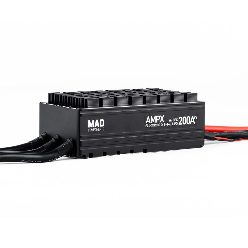 MAD AMPX 200A 5-14S Drone ESC, MAD Components AMPX 200A V2 ESC features BEC, designed for LiPo batteries, offering efficient speed control for drones.