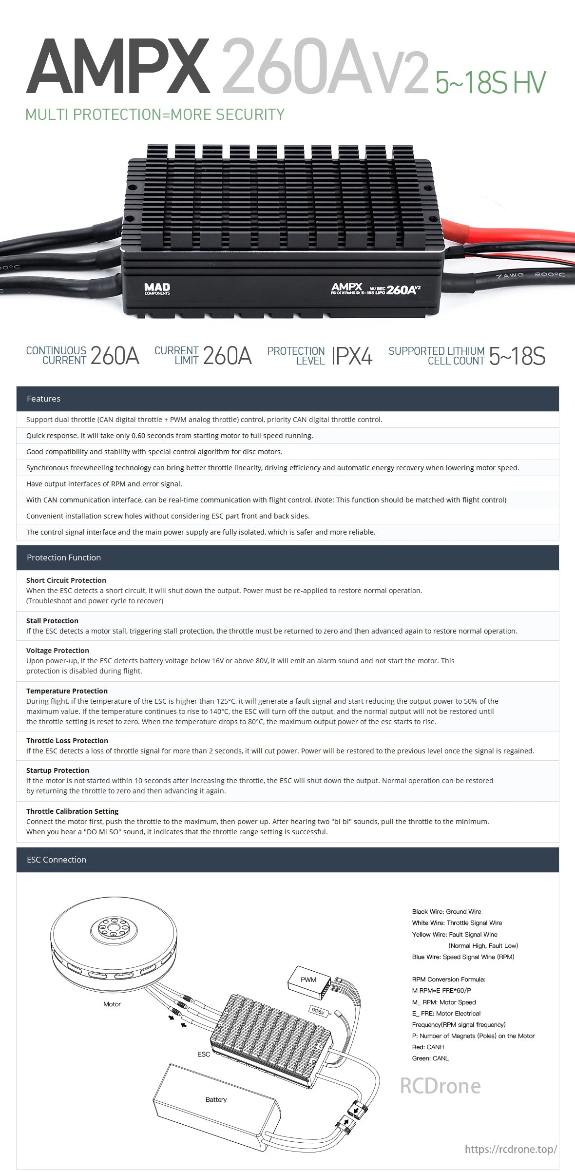 MAD AMPX 260A (5-18S) Drone ESC, AMPX 260AV2 provides multi-protection, dual throttle control, quick response, disc motor compatibility, CAN communication, easy installation, isolated signals, and extensive safety features.