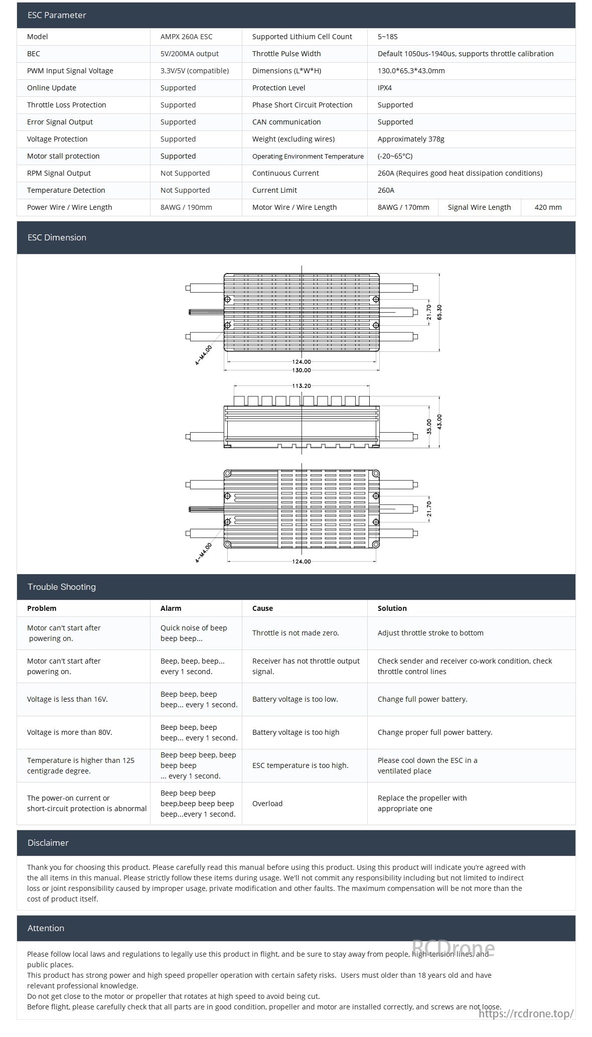 MAD AMPX 260A (5-18S) Drone ESC, AMPX 260A ESC supports 5-18S cells, 260A continuous, BEC, PWM, CAN, protections, -20°C to 65°C, troubleshooting for start, voltage, temp, overload.