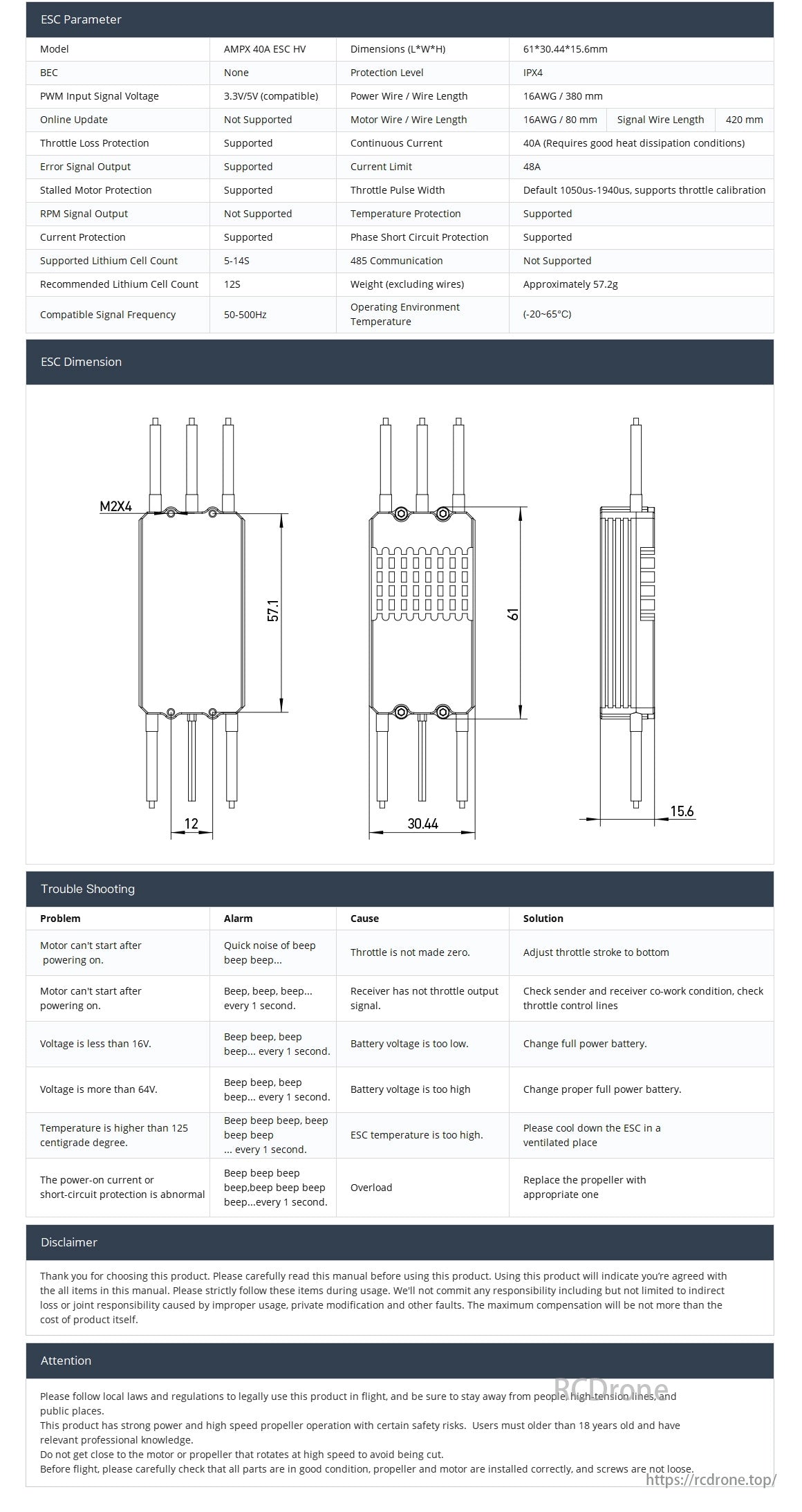 MAD AMPX 40A (5-14S) Drone ESC, AMPX 40A ESC HV specs: dimensions, protection, LiPo support, current, wire details. Offers troubleshooting, advises cautious, legal use.