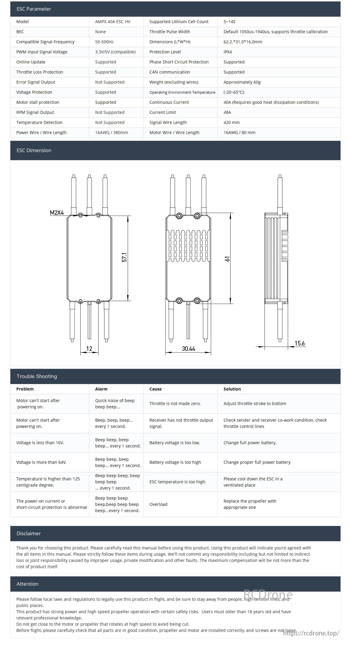 MAD AMPX 40A (5-14S) Drone ESC, AMPX 40A ESC HV supports 5-14S cells, IPX4, phase short circuit protection, CAN communication. Operating -20 to 65°C, 40A continuous.