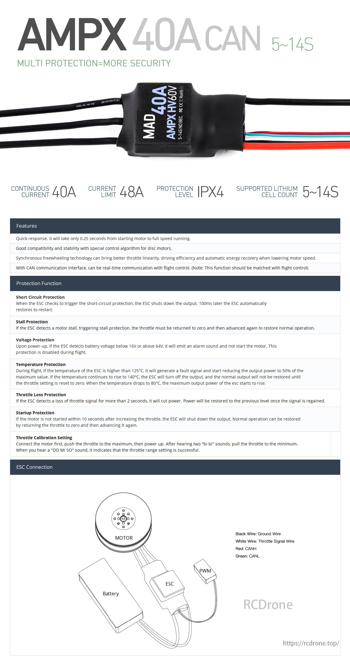 MAD AMPX 40A (5-14S) Drone ESC, AMPX 40A CAN ESC provides multi-protection, supports 5-14S lithium cells, features 40A continuous/48A limit current, quick response, compatibility, and real-time CAN communication.