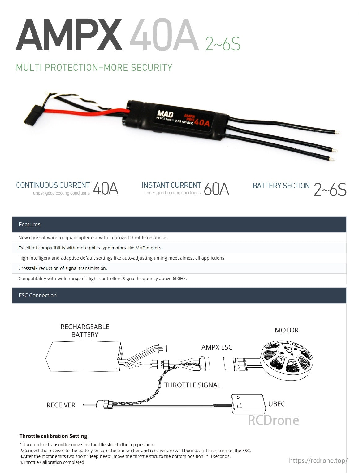 MAD AMPX 40A Pro (2-6S) Drone ESC, AMPX 40A ESC provides multi-protection, supports 40A continuous/60A instant current, 2-6S batteries, with enhanced security, throttle response, and wide compatibility.