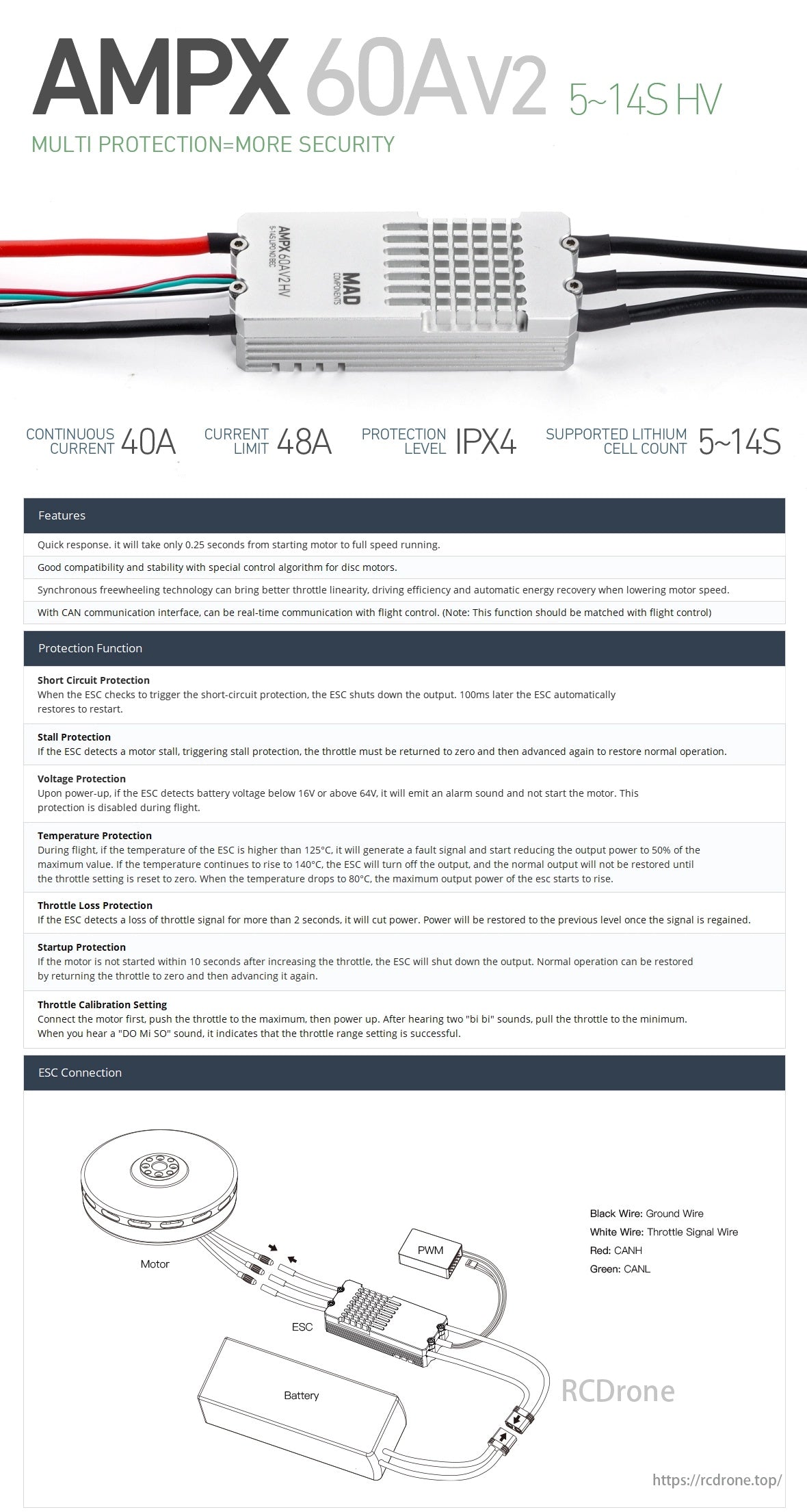 MAD AMPX 60A (5-14S HV) Drone ESC, AMPX 60Av2 ESC supports 5-14S HV, offers multi-protection, quick response, disc motor compatibility, CAN communication; 40A continuous current, 48A limit.