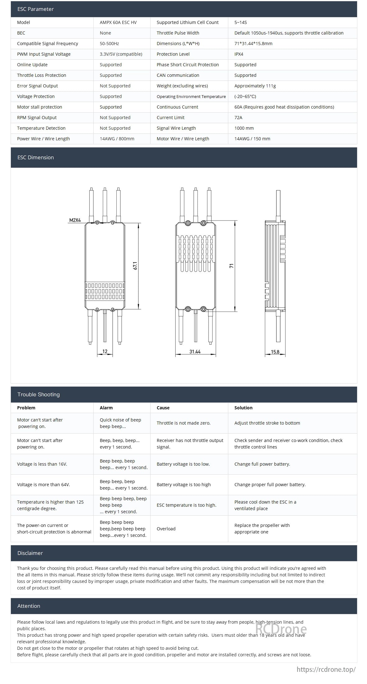 MAD AMPX 60A (5-14S HV) Drone ESC, The AMPX 60A ESC HV supports 5-14S cells, features protections and CAN communication, with troubleshooting guides; use carefully.