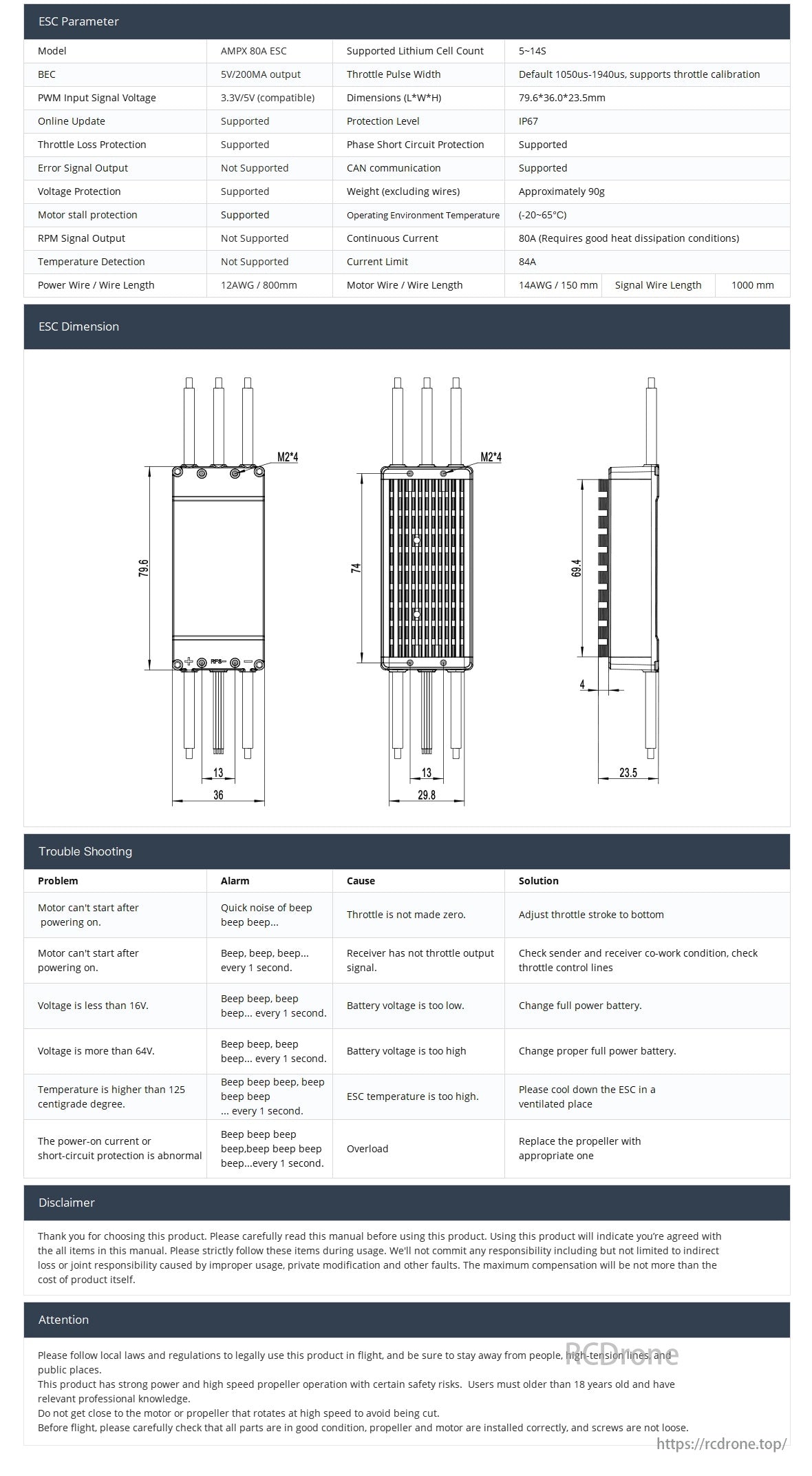 MAD AMPX 80A (5-14S) Drone ESC, AMPX 80A ESC, 5-14S LiPo, BEC, CAN, online updates, protections, -20 to 65°C, troubleshooting, legal use, safety.