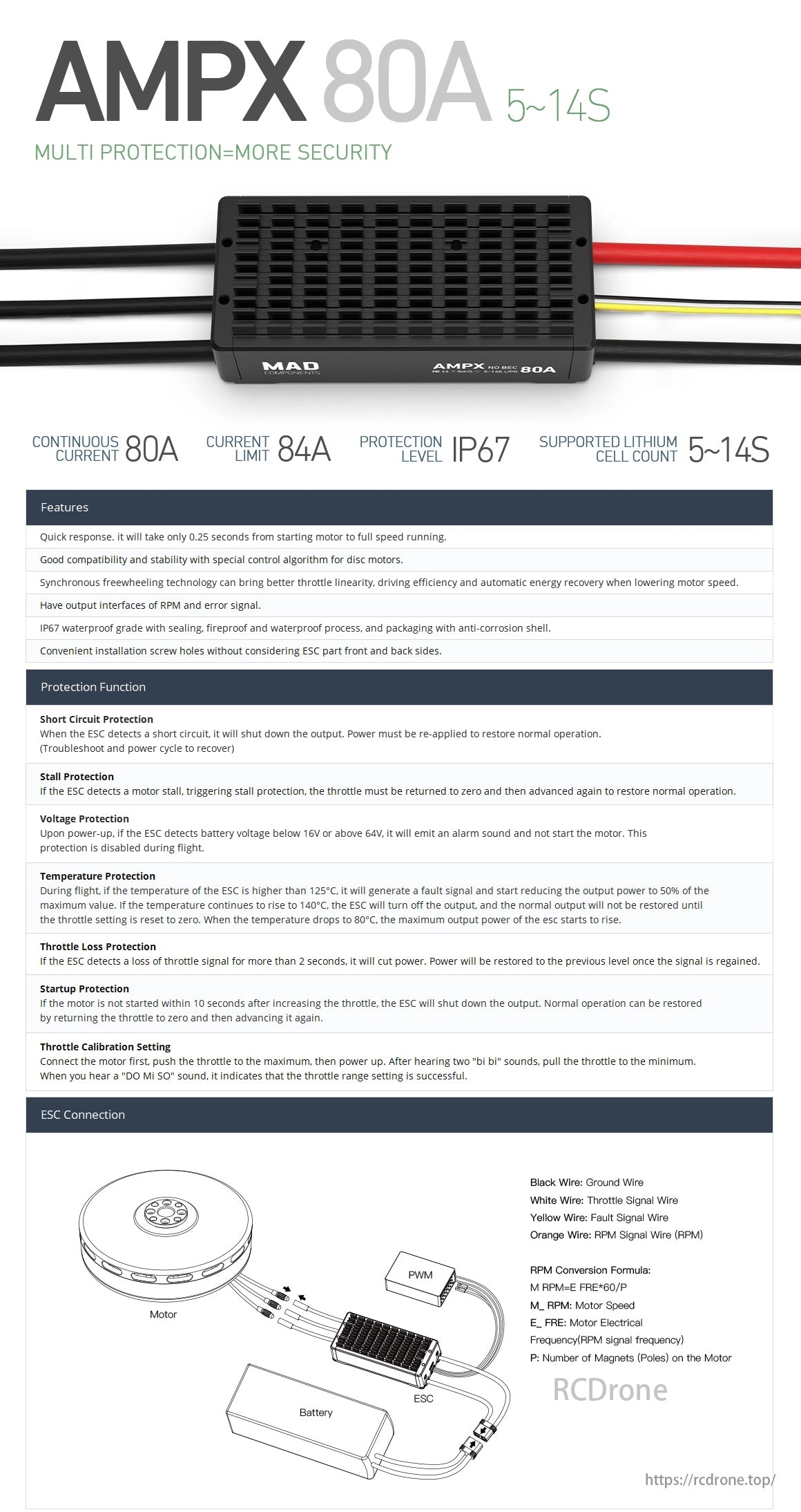 MAD AMPX 80A (5-14S) Drone ESC, AMPX 80A ESC provides multi-protection, high compatibility, quick response, IP67 waterproofing for 5-14S lithium cells; continuous current 80A, peak 84A.