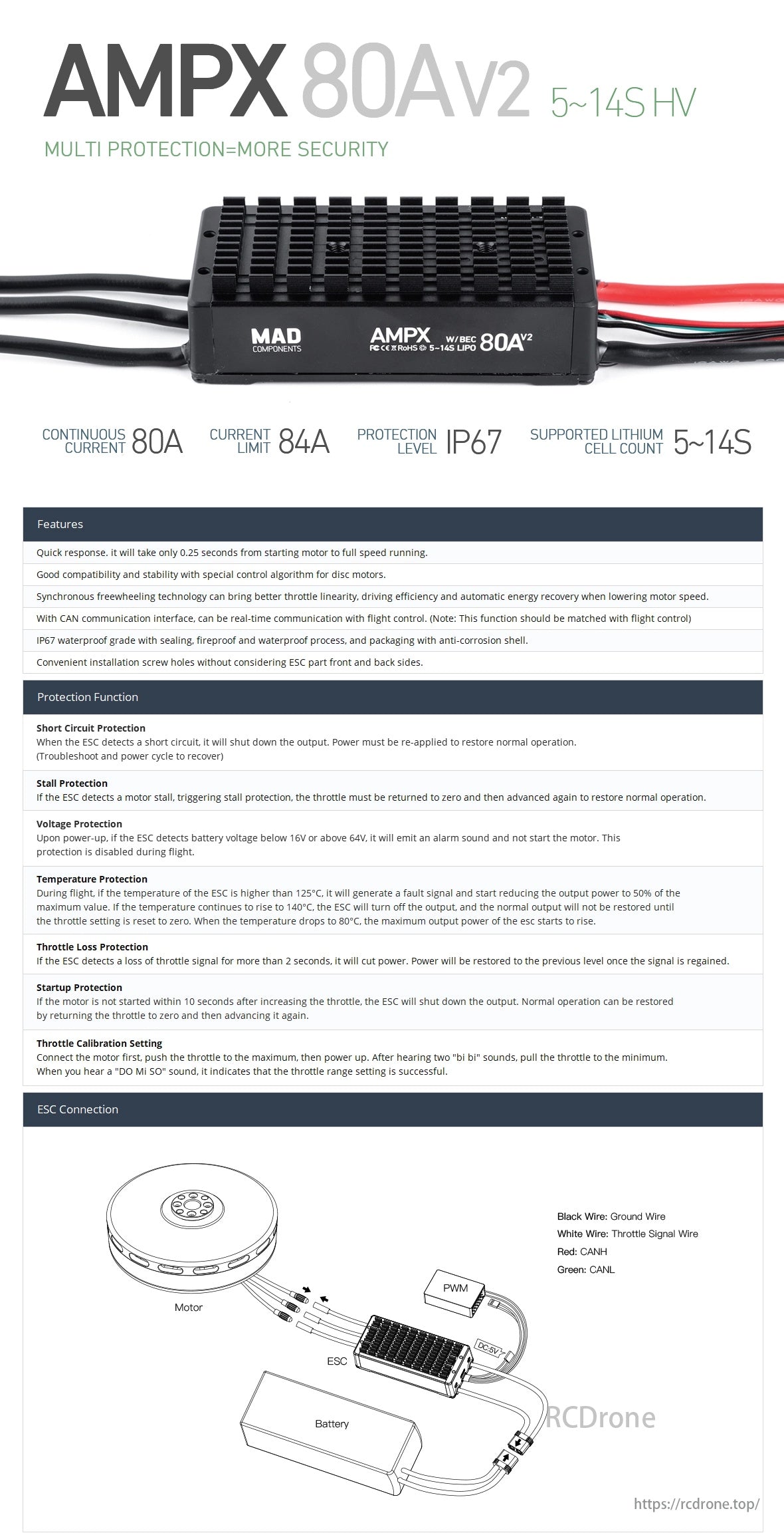 MAD AMPX 80A (5-14S) Drone ESC, AMPX 80Av2 provides robust security with advanced features like CAN communication, IP67 protection, and multi-protection functions for drones.