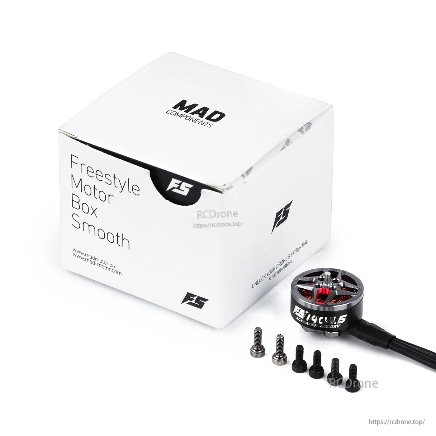 MAD AceRacer FS brushless FPV drone motor with red windings, black housing, and mounting screws