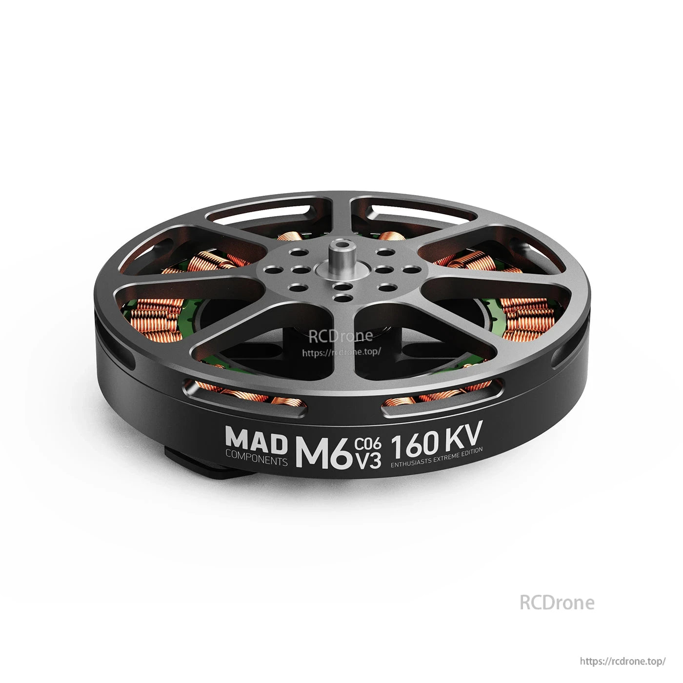 MAD Antimatter M6C06 V3 EEE Brushless Drone Motor, MAD Antimatter M6C06 V3 160KV brushless drone motor with low-profile black housing and visible copper windings
