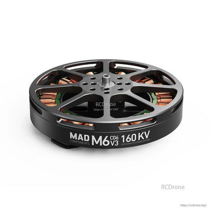 MAD Antimatter M6C06 V3 EEE Brushless Drone Motor, MAD Antimatter M6C06 V3 160KV brushless drone motor with low-profile black housing and visible copper windings
