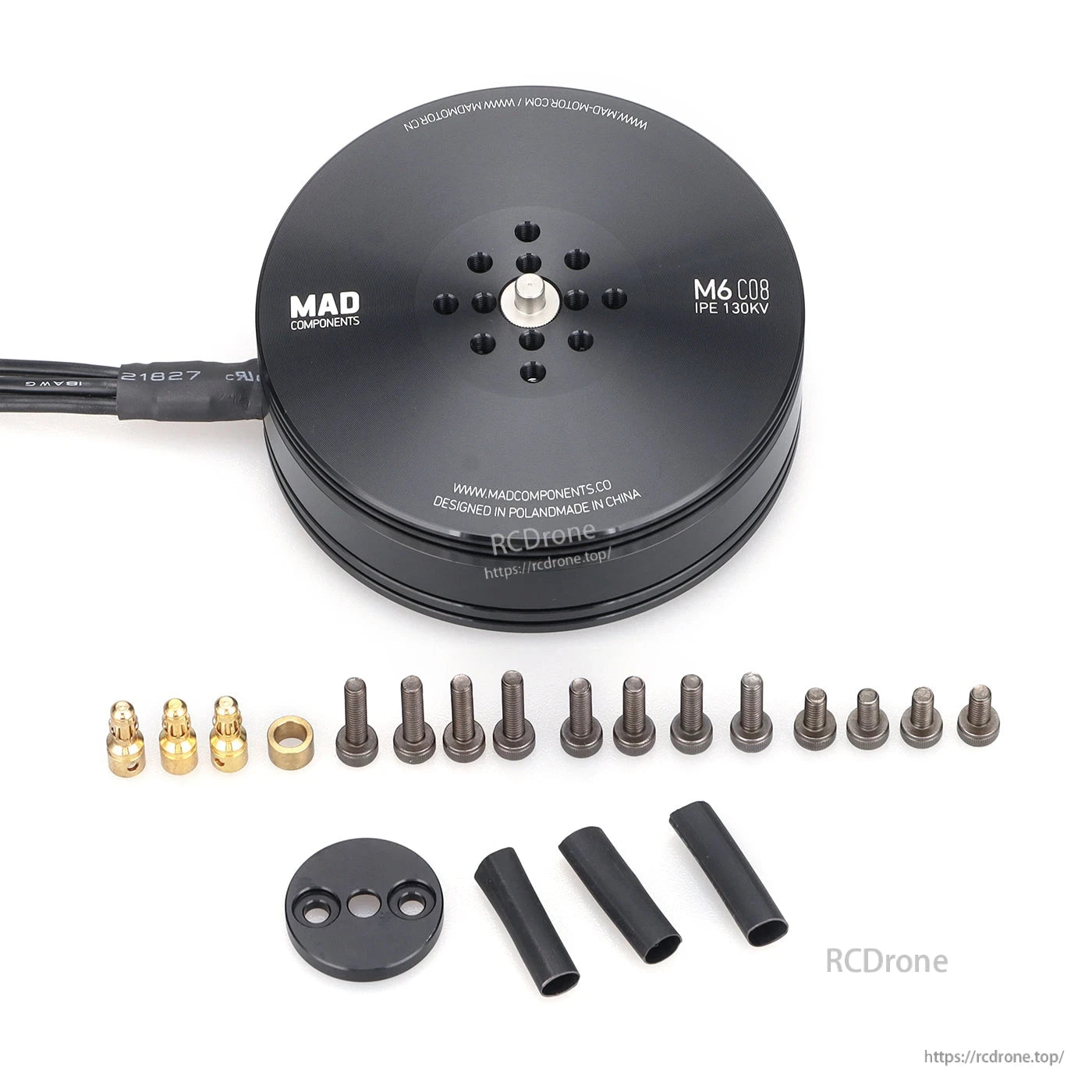 MAD Antimatter M6C08 IPE V3 Drone Motor, MAD Antimatter M6 C08 IPE 130KV drone motor with mounting screws, bullet connectors and heat-shrink tubing