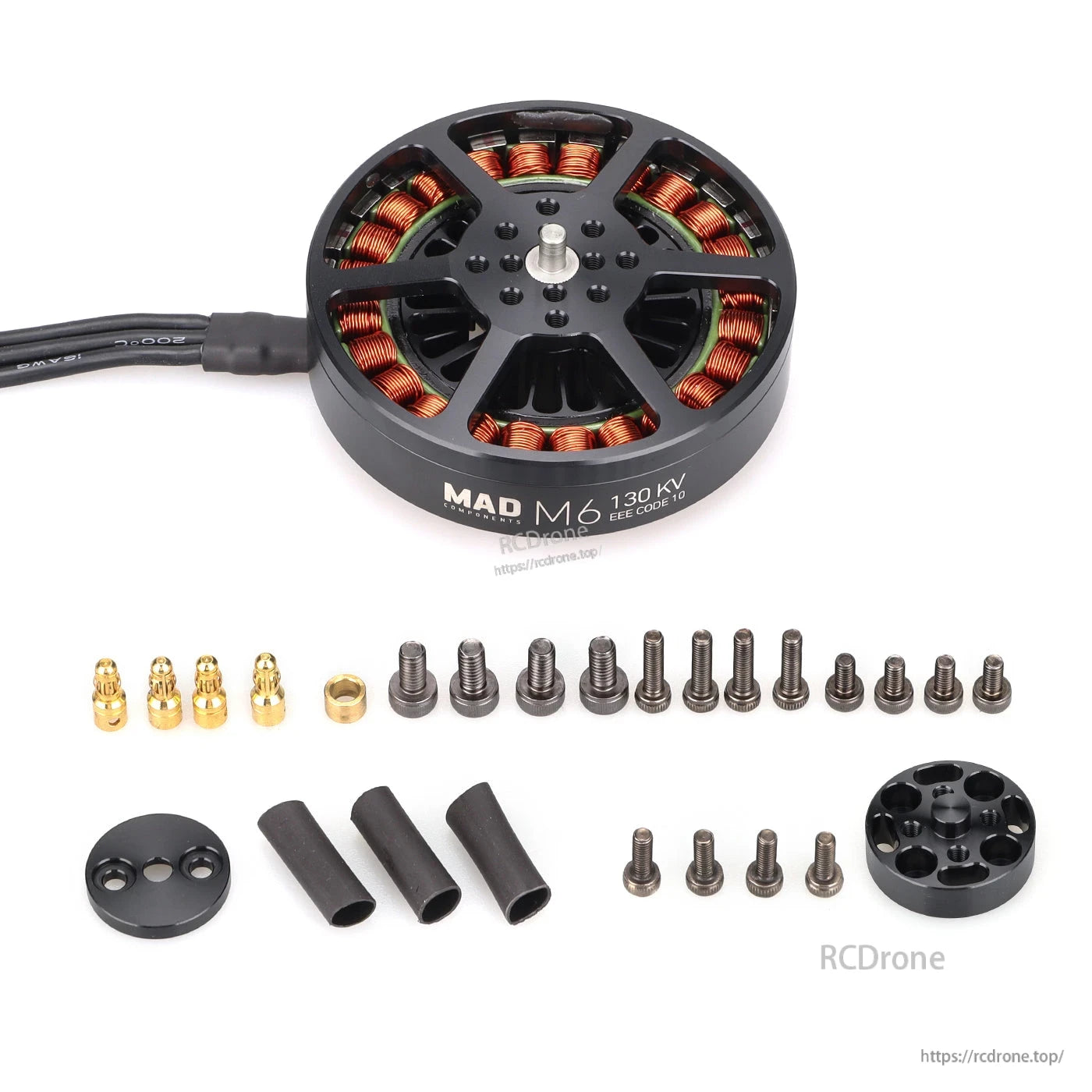 MAD Antimatter M6C10 EEE V2.0 drone motor with 130KV marking, copper windings, and included screws and connectors