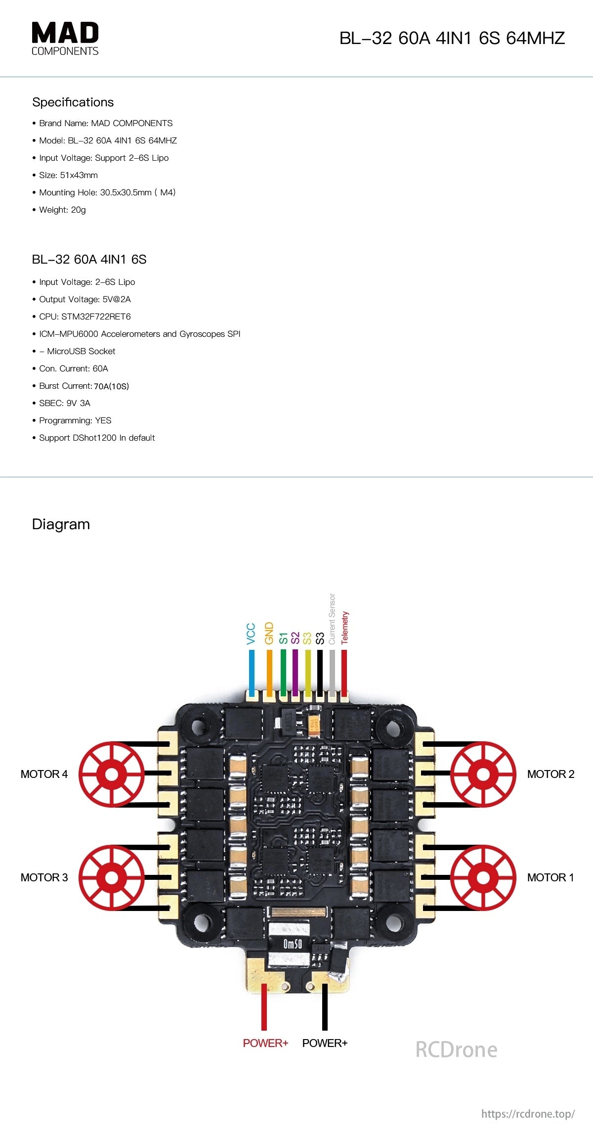 MAD BL-32 60A 6S 4IN1 64Mhz Drone ESC, MAD COMPONENTS BL-32: 60A 4IN1 6S ESC, 20g, STM32F722RET6 CPU, ICM-MPU6000, MicroUSB, 60A continuous/70A burst, 9V/3A SBEC, DShot1200, diagram included.