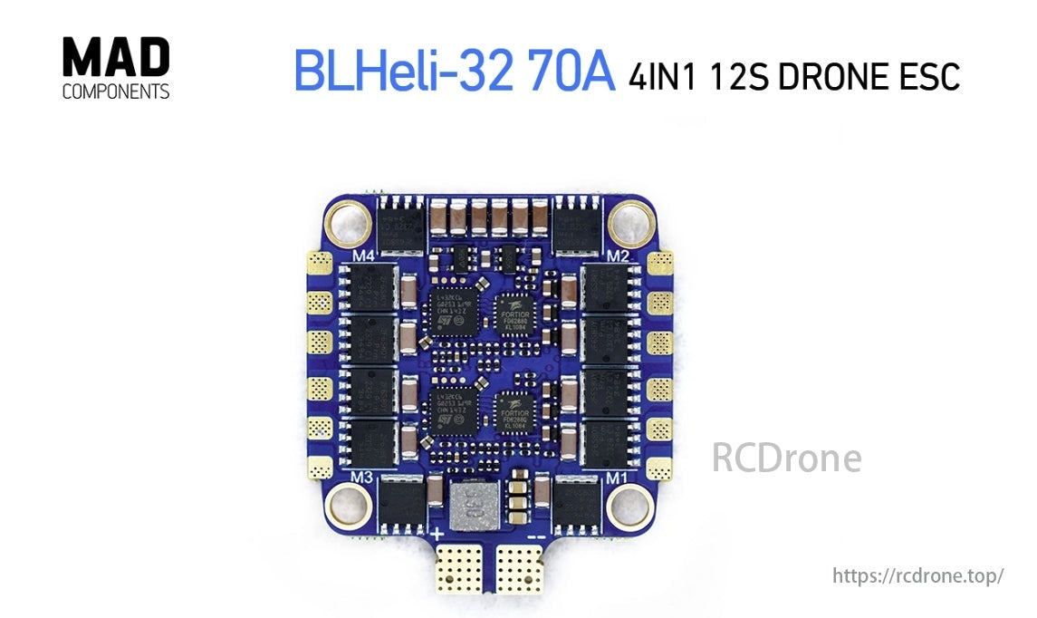 MAD BLHeli-32 70A 4IN1 12S Drone ESC, BLHeli-32 70A 4IN1 12S Drone ESC by MAD Components, blue board with M1-M4 motor outputs.