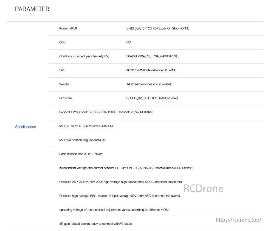 MAD BLHeli-32 70A 4IN1 12S Drone ESC, Specs: 3-8S/12S LiPo, 60A/70A, 90A/70A continuous, 40*43*7mm, 14.2g, STM32L431/432 MCU, PWM support, gold-plated FC socket.