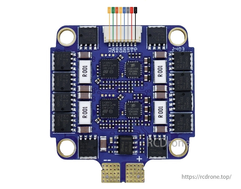 MAD BLHeli-32 70A 4IN1 12S Drone ESC, A blue circuit board features components like resistors R001 and FCR170R chips.