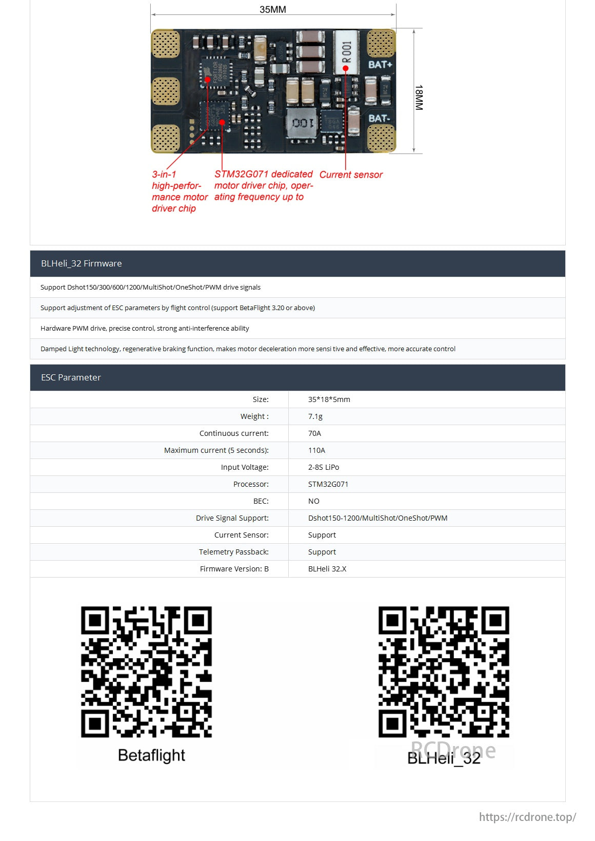 BLHeli_32 DSHOT 1200 70A 2-8S ESC support DShot150-1200/MultiShot/OneShot/PWM for brushless motor of FPV drones quadcopter octocopter multirotor BLHeli_32 DSHOT 1200 70A 2-8S ESC support DShot150-1200/MultiShot/OneShot/PWM for brushless motor of FPV drones quadcopter octocopter multirotor