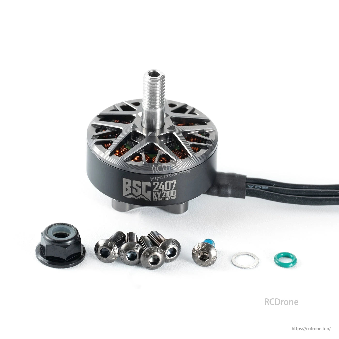 MAD BSC 2407 FPV Drone Motor, MAD BSC 2407 FPV drone brushless motor (KV2100) with mounting screws, nut and washers on white background