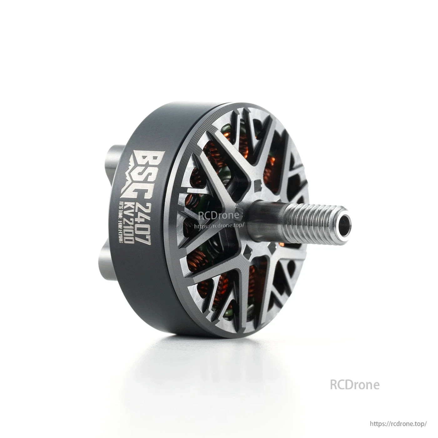 MAD BSC 2407 FPV Drone Motor, MAD BSC 2407 brushless FPV drone motor with silver rotor, black bell, and threaded shaft