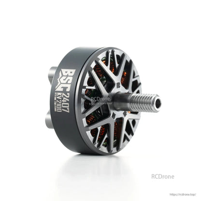MAD BSC 2407 FPV Drone Motor, MAD BSC 2407 brushless FPV drone motor with silver rotor, black bell, and threaded shaft