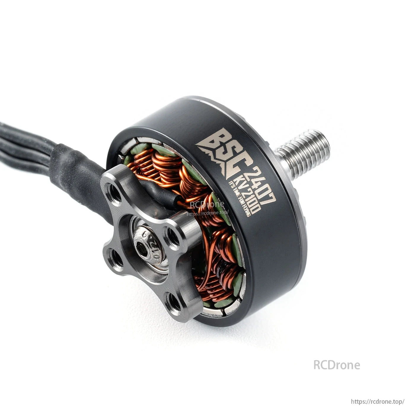 MAD BSC 2407 FPV drone motor with visible copper windings, four-bolt mount pattern, and threaded shaft