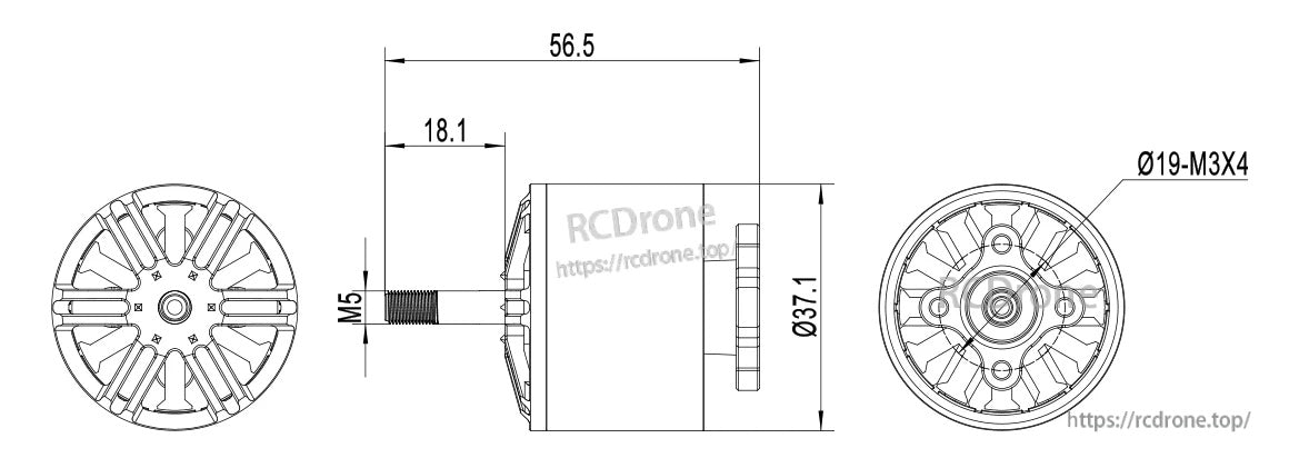 MAD BSC 3120 FPV Drone Motor, Dimensioned drawing of MAD BSC3120 brushless FPV drone motor showing 56.5 mm length, Ø37.1 mm body, M5 shaft, Ø19 M3x4 mount.