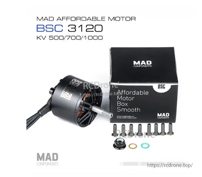 MAD BSC 3120 FPV Drone Motor, MAD Components BSC 3120 brushless FPV drone motor with mounting screws, nuts and washers, plus branded box