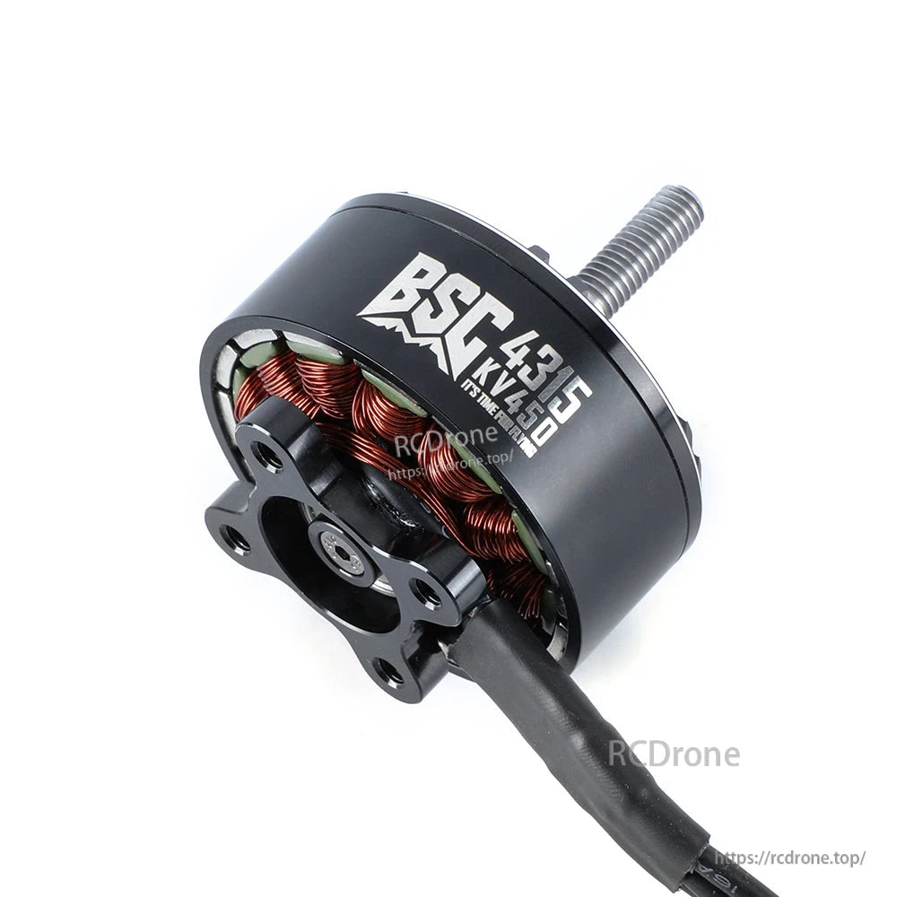 MAD BSC 4315 V1.0 450KV FPV Drone Motor, MAD BSC 4315 V1.0 450KV FPV drone brushless motor with black can, visible copper windings and threaded shaft