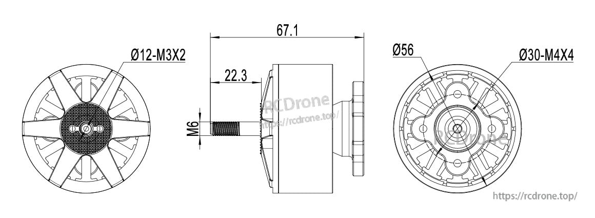 MAD BSC 4720 430KV FPV Drone Motor, Dimensioned drawing of MAD BSC 4720 430KV FPV motor showing Ø56 body, Ø30 M4x4 mount, and M6 shaft.