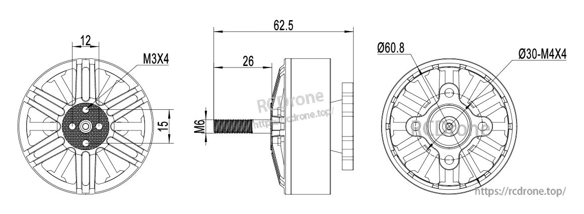 MAD BSC5215 430KV FPV Drone Brushless Motor, Dimension drawing of MAD BSC5215 FPV brushless motor showing 60.8mm diameter, 62.5mm height, and M3/M4 mounting pattern.