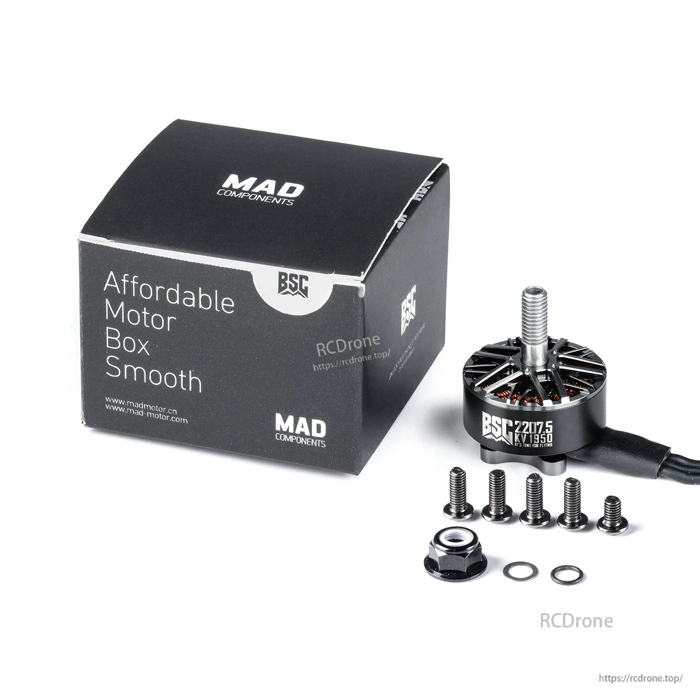 MAD BSC2207.5 V1.0 FPV drone motor with MAD box, mounting screws, lock nut, and washers
