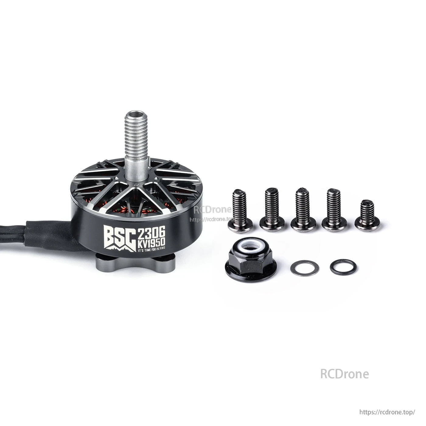 MAD BSC2306 V1.0 FPV drone motor, MAD BSC2306 V1.0 FPV drone brushless motor with 1950KV label, mounting screws, prop nut and washers